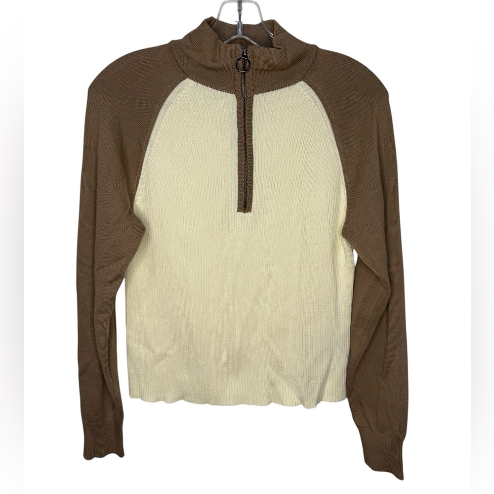 MONROW Raglan Half Zip Rib Knit Sweater Brown Cream Contrast Colorblock Small